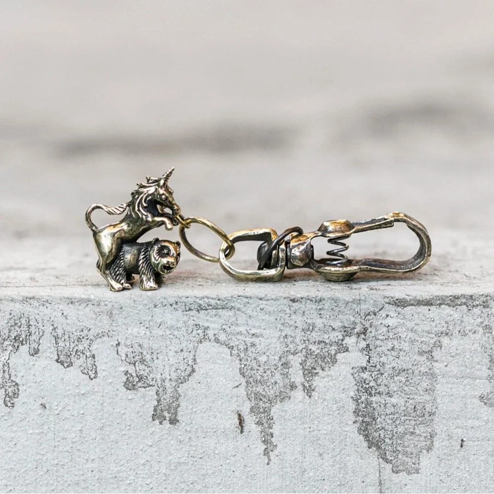 BlamoToys Unihorny Keychain: Oxidized Brass Unicorn & Panda Charm, Handmade Clip